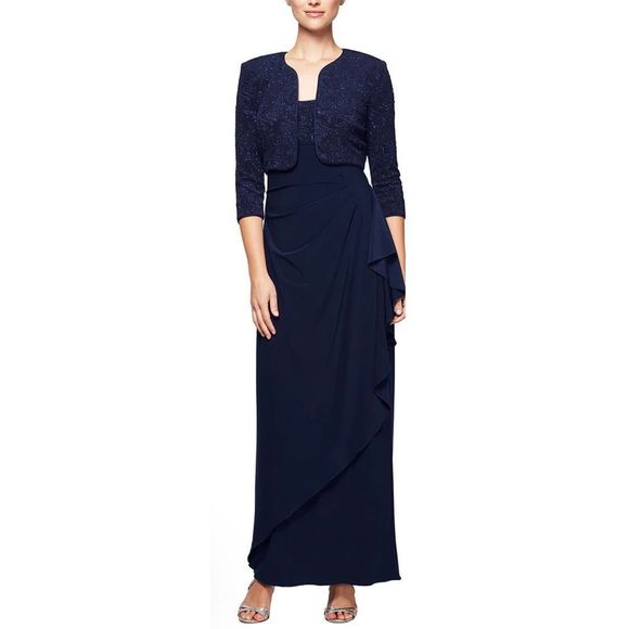 Alex Evenings Long Side Ruched Glitter Jacquard Knit & Matte Jersey Gown with Bo - Picture 1 of 10